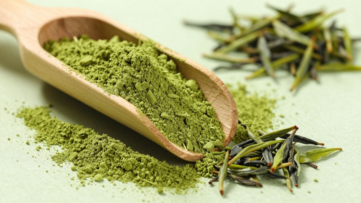 Vibrant green matcha powder in a bamboo scoop with scattered leaves.