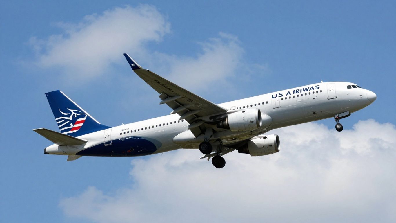 US Airways airplane flying in a blue sky.