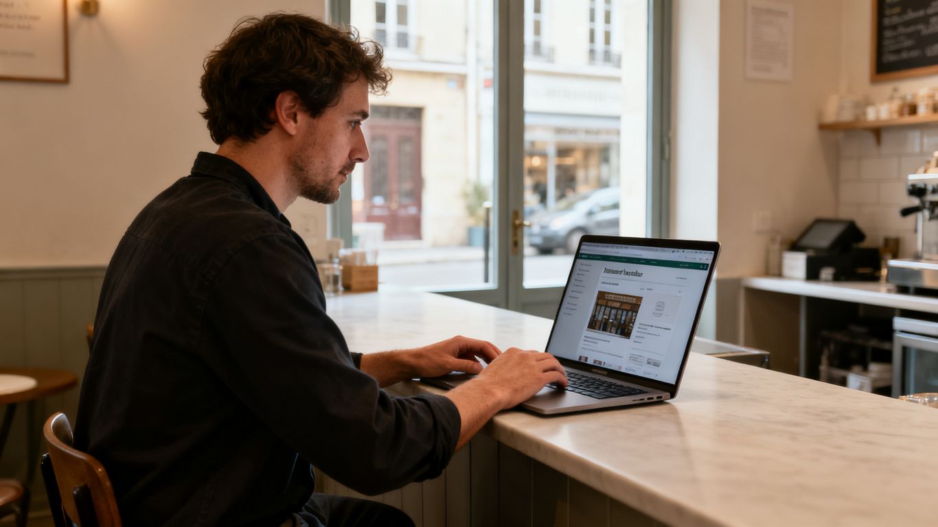Professionnelle vérifiant une fiche d’établissement sur ordinateur