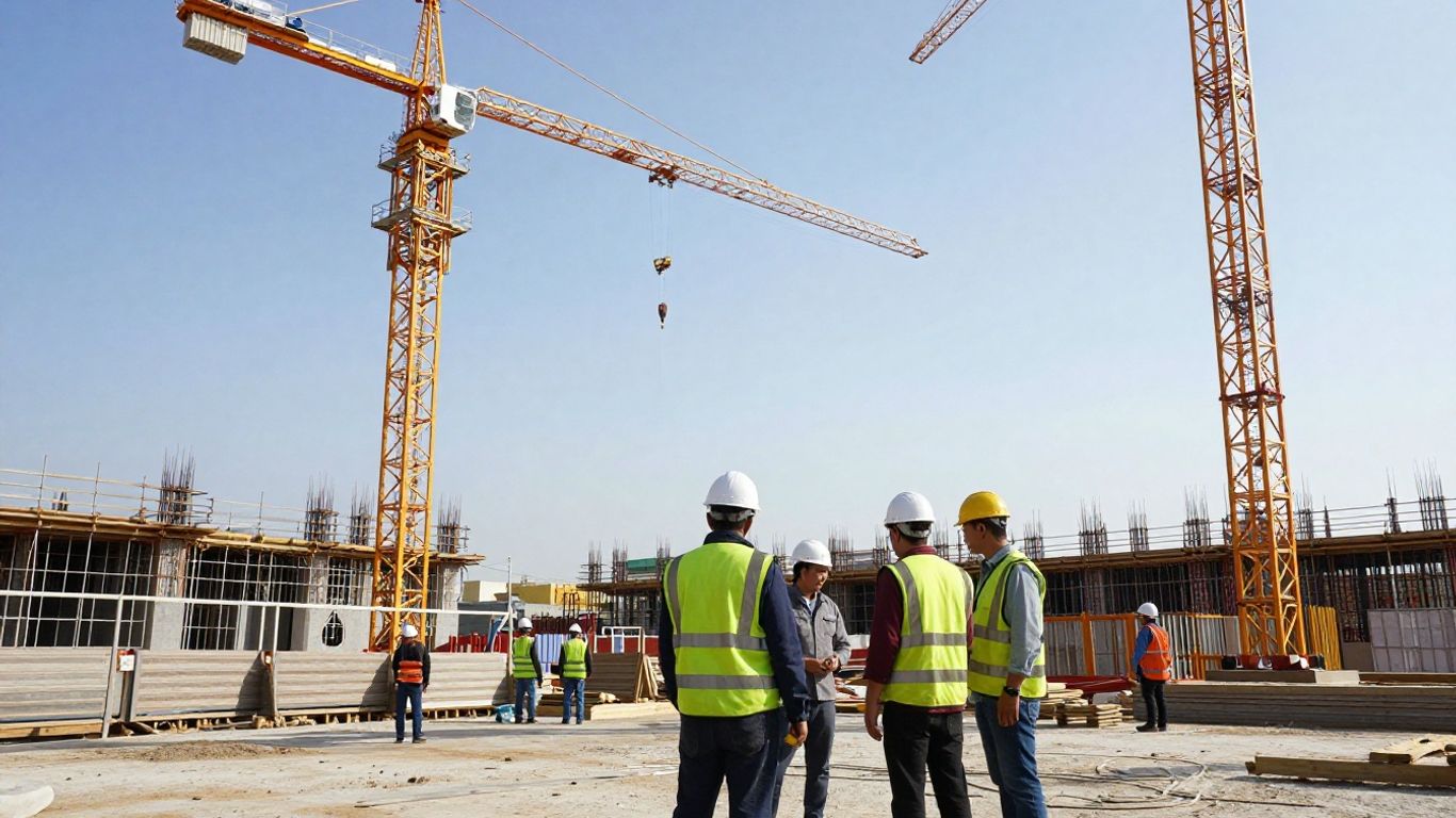 Construction site with cranes and workers, future projects.