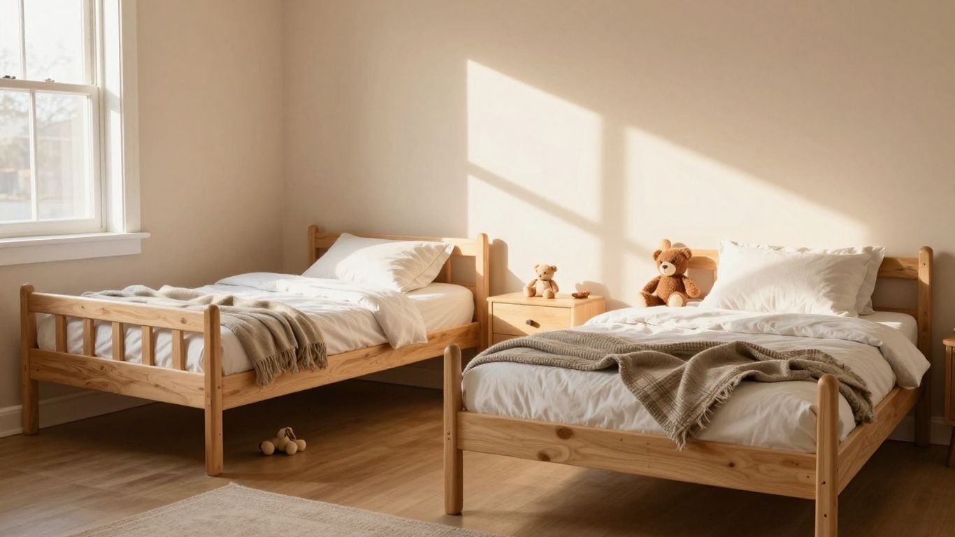 Kids' room with bunk beds and toys.