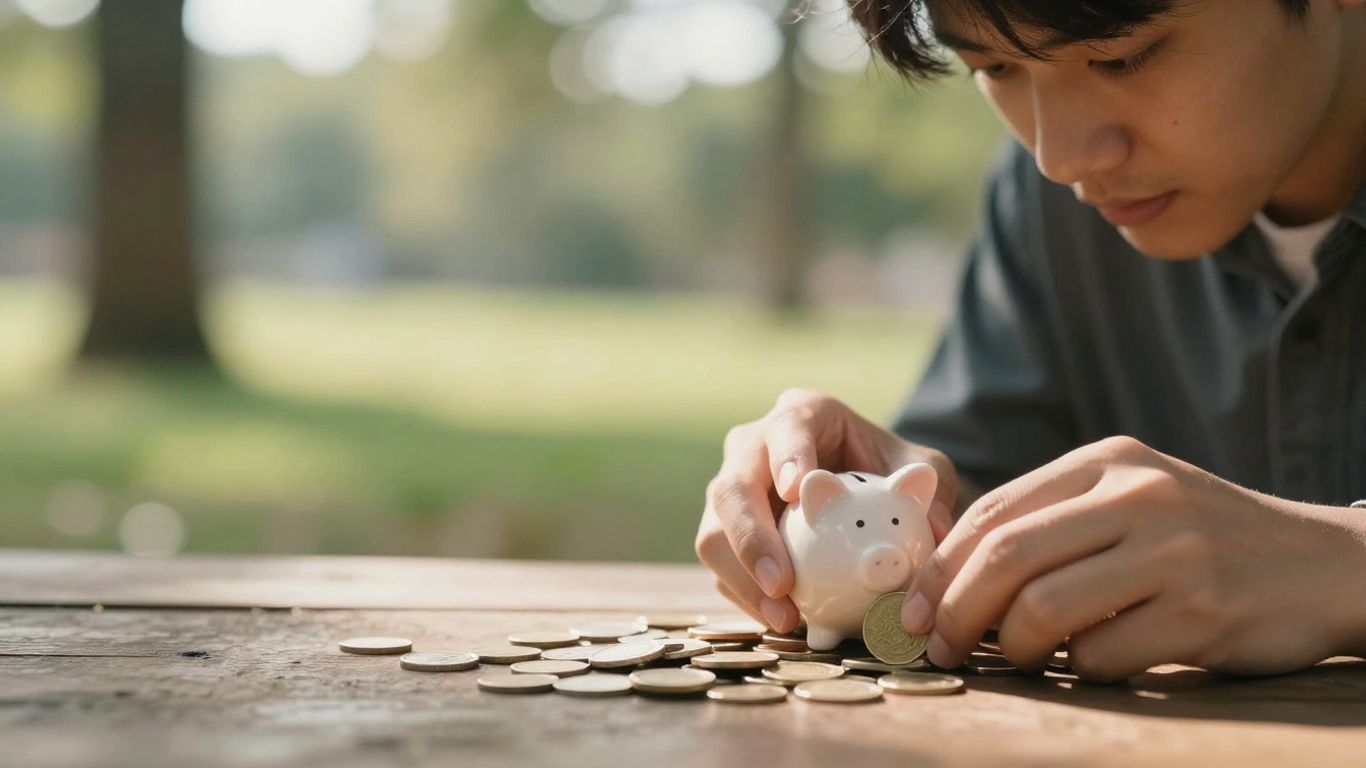 Persona colocando monedas en una alcancía, planeando futuro.