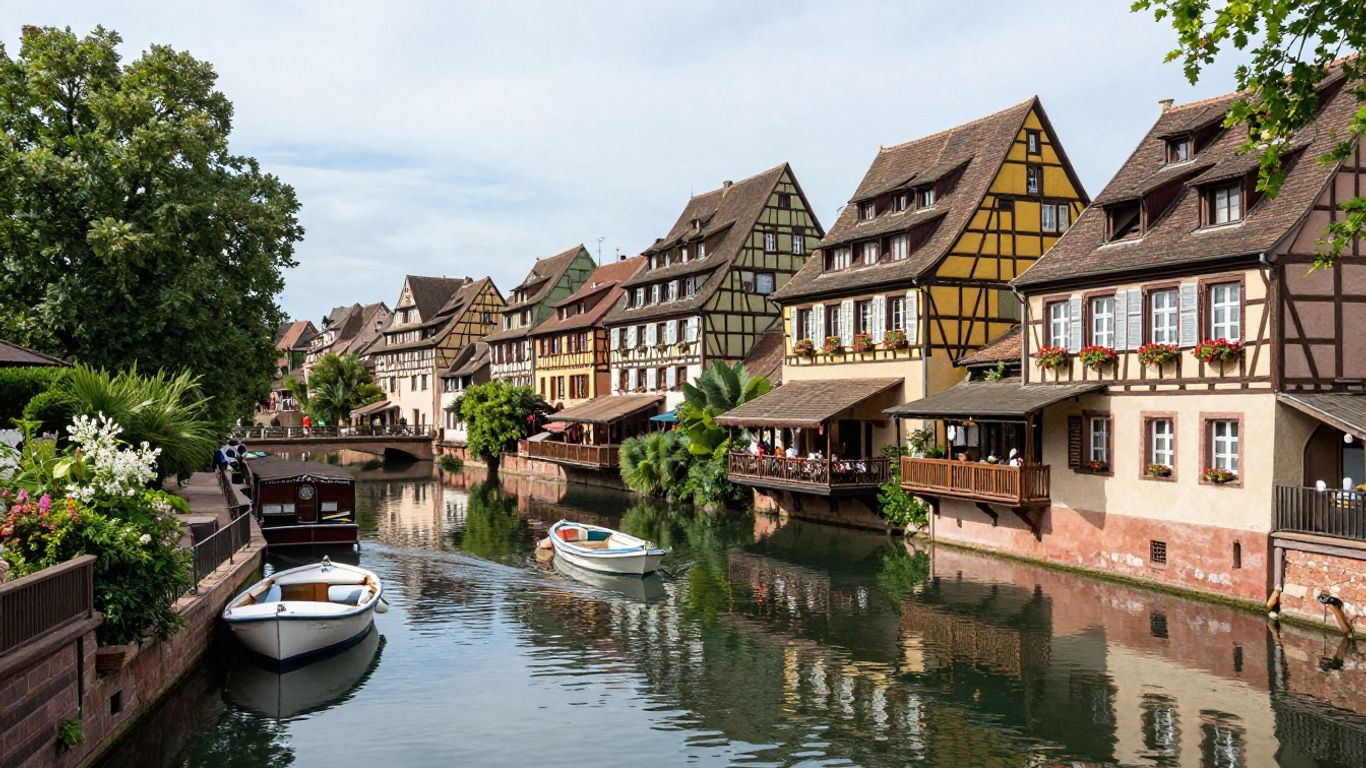 Colorful half-timbered houses along a canal in Colmar, France.