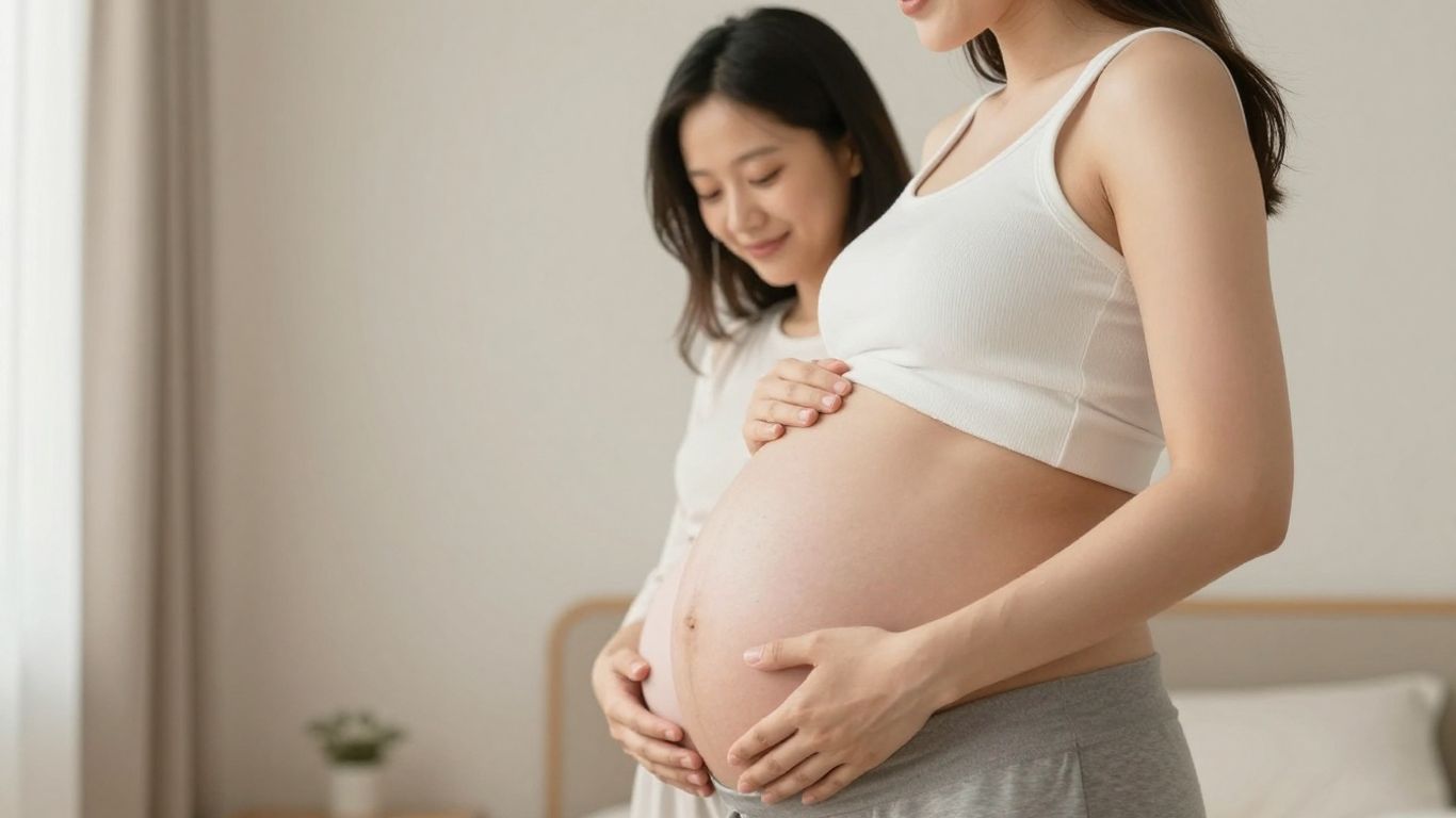 Mujer embarazada en la semana 33 acariciando su vientre.