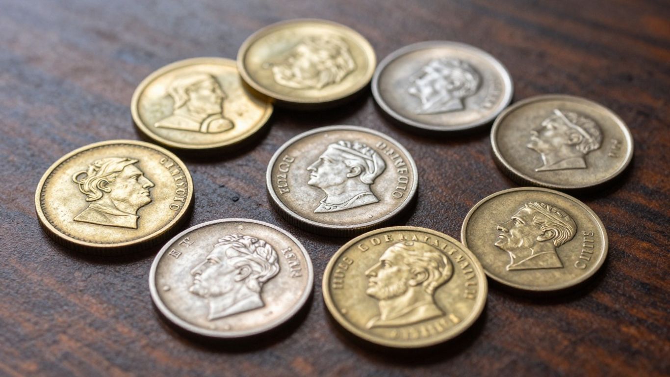 Ancient and modern coins arranged on wooden surface