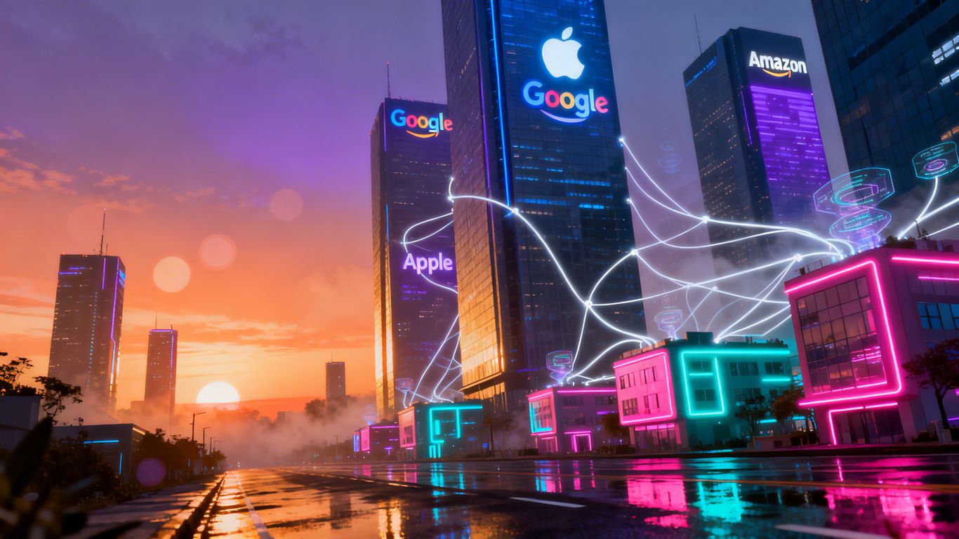 Big Tech and startups in a glowing city.
