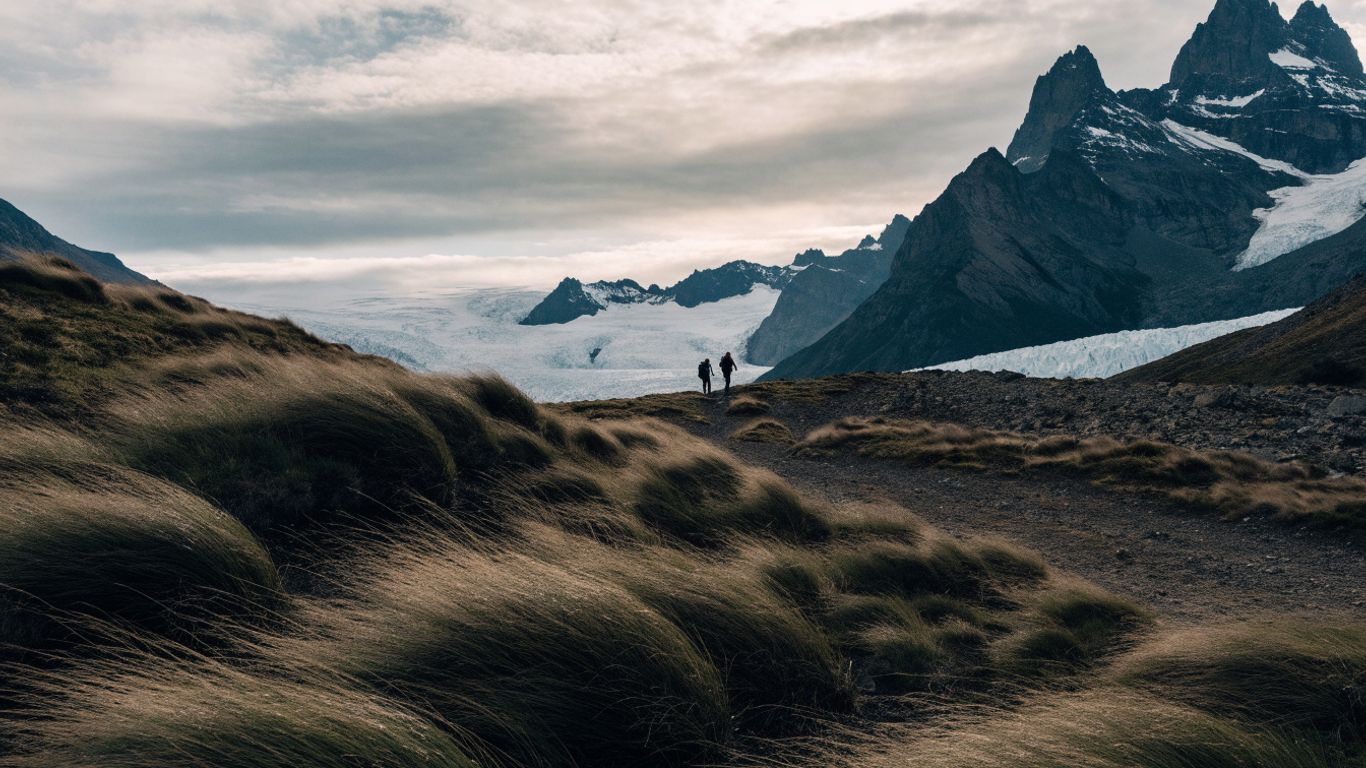 Hikers crossing a windswept Patagonian mountain trail