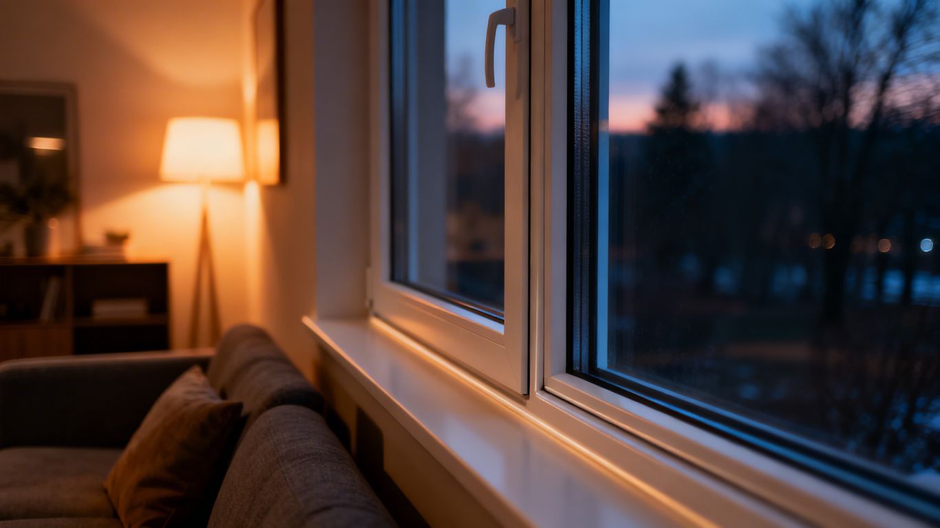 Modern window preventing drafts on a cold spring night.