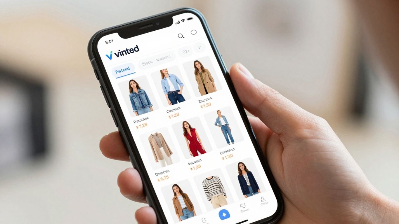 Vinted app on a smartphone showing clothes for sale.