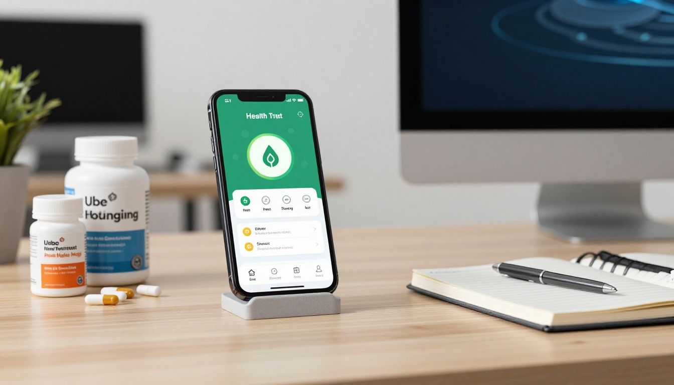 A minimalist, modern office desk setup with a clean smartphone displaying a health-tracking app UI, alongside high-end wellness supplements and a notebook, professional and focused atmosphere, high-resolution aesthetic