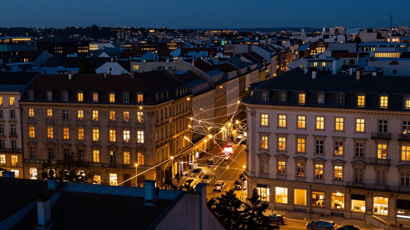 Europäische Stadtlandschaft bei Dämmerung mit Lichtern