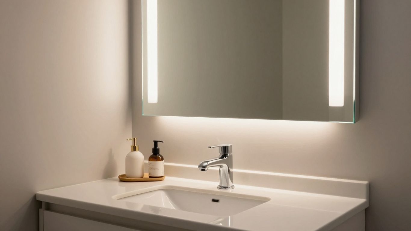 Modern bathroom light fixture above a mirror.