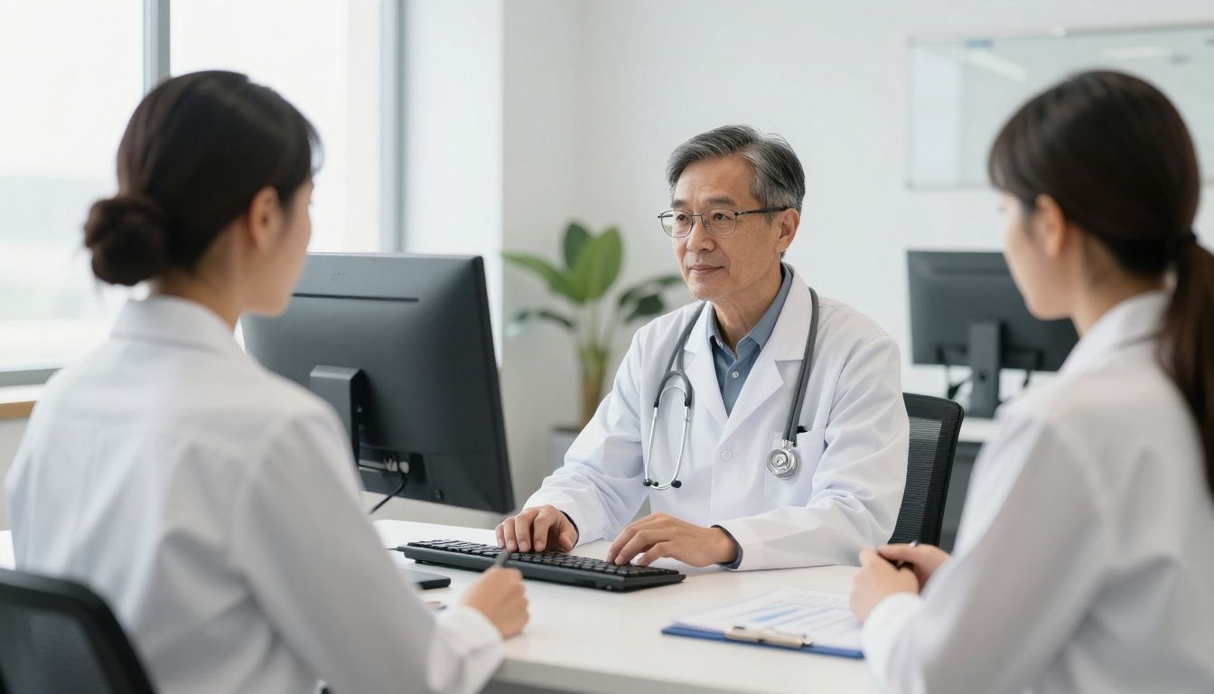 A professional healthcare consultant working on revenue cycle analytics in a brightly lit office.