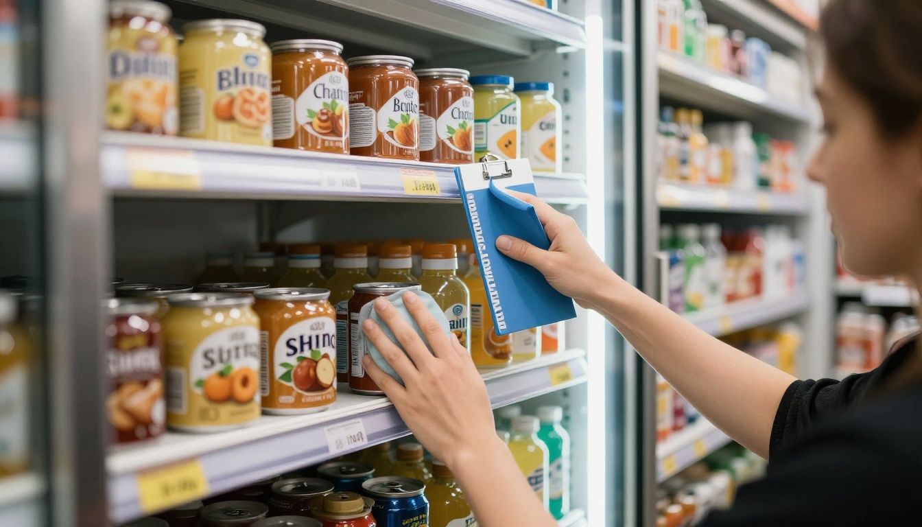 A person with a checklist methodically restocking a beverage fridge, wiping down a shelf before placing new drinks in organized rows.