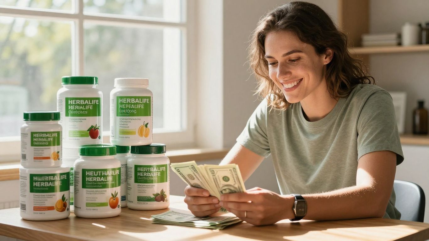 South African Herbalife distributor holding cash with products.