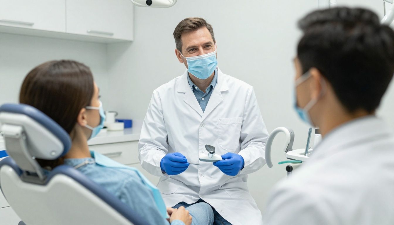 A friendly dentist discussing a 3D jaw scan with a patient in a modern dental office.