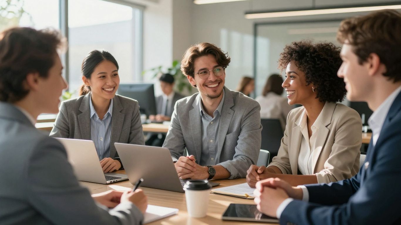 Personas sonriendo y colaborando en un entorno profesional.