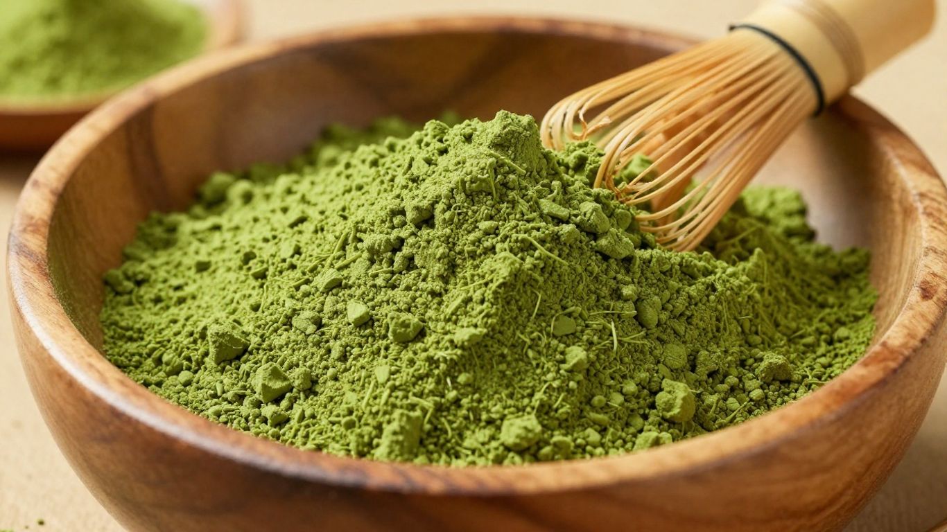 Bulk organic matcha powder with bamboo whisk.