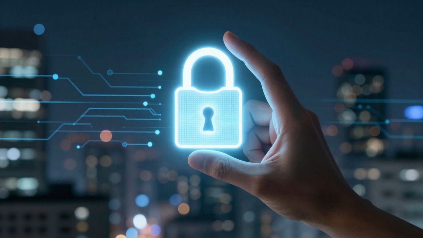 Mão protegendo cadeado digital contra ameaças cibernéticas.