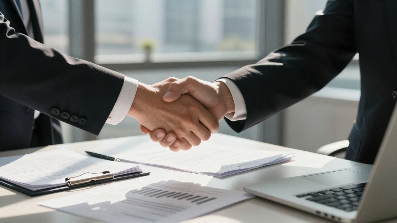 Handshake over documents, business deal.