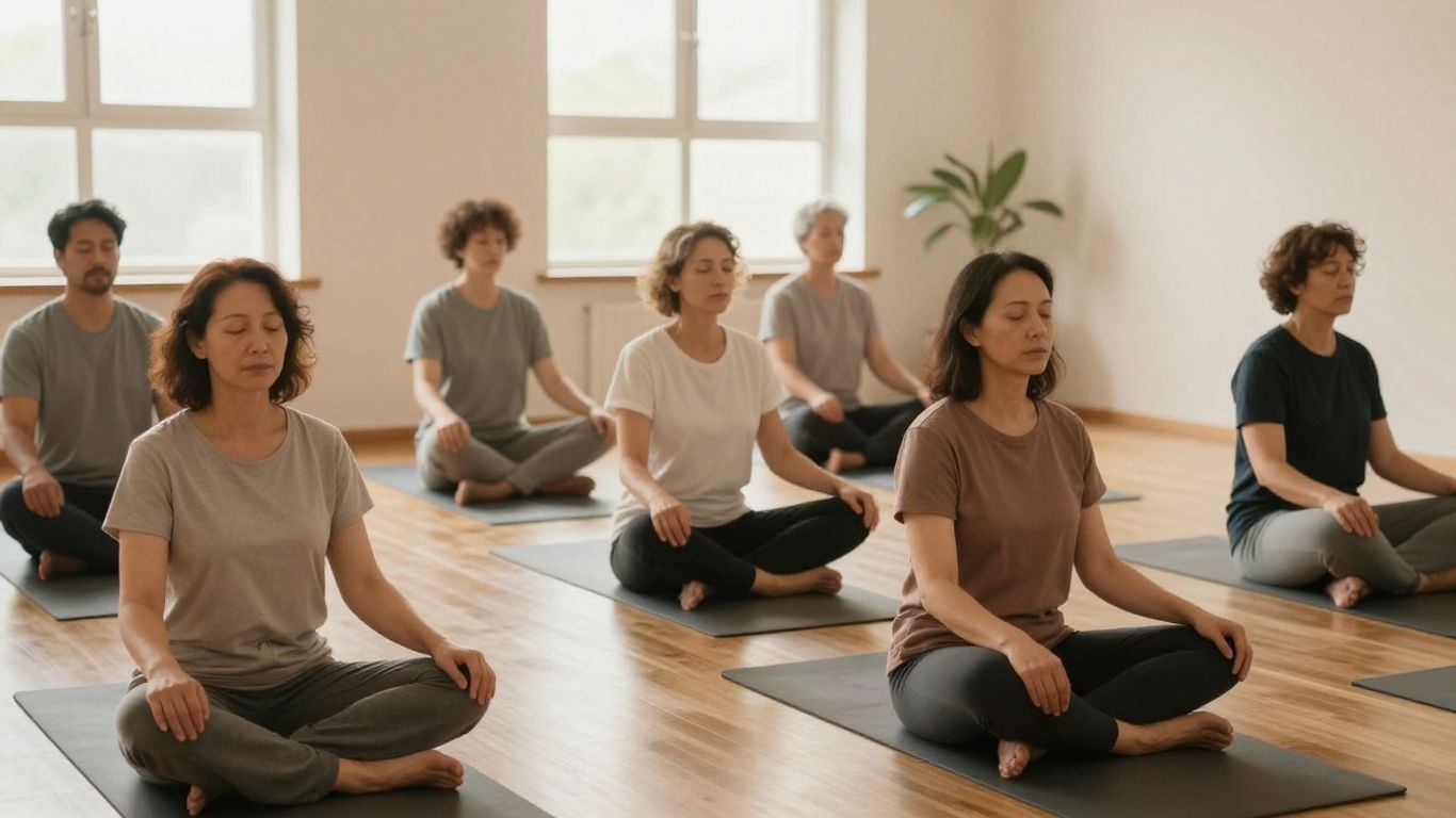 People practicing calm breathing in a bright room