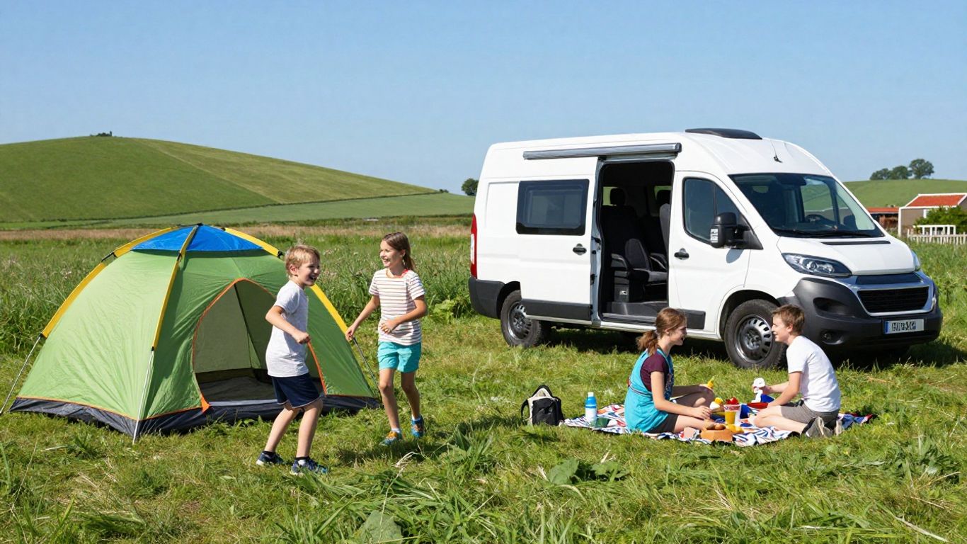 Gezin kampeert in zonnig Nederlands landschap met tent en camper.