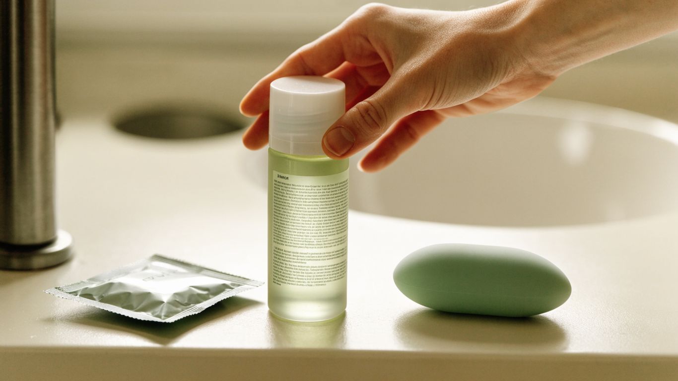 A person checking lubricant packaging beside personal items