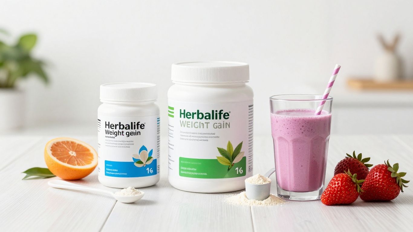 Herbalife weight gain products and shake on table