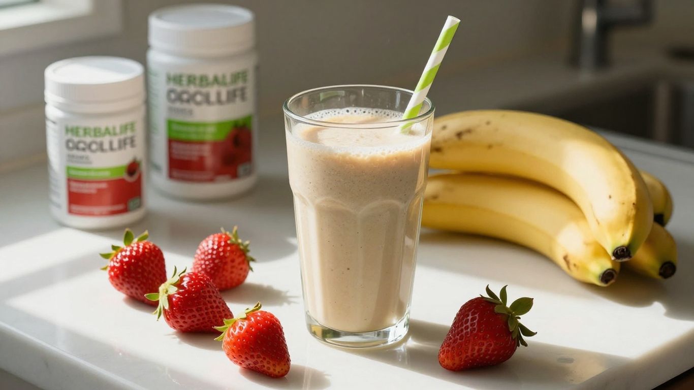 Herbalife shake with fruits and products