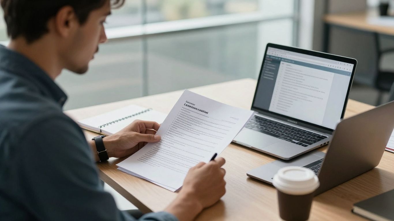 Manager reviewing leadership coaching notes beside a laptop