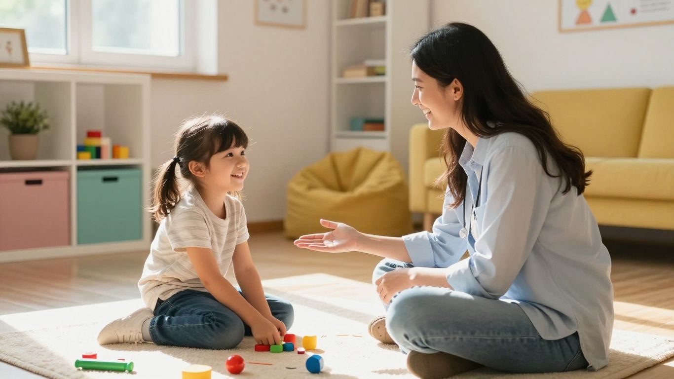 Therapist and child engaged in ABA therapy session.