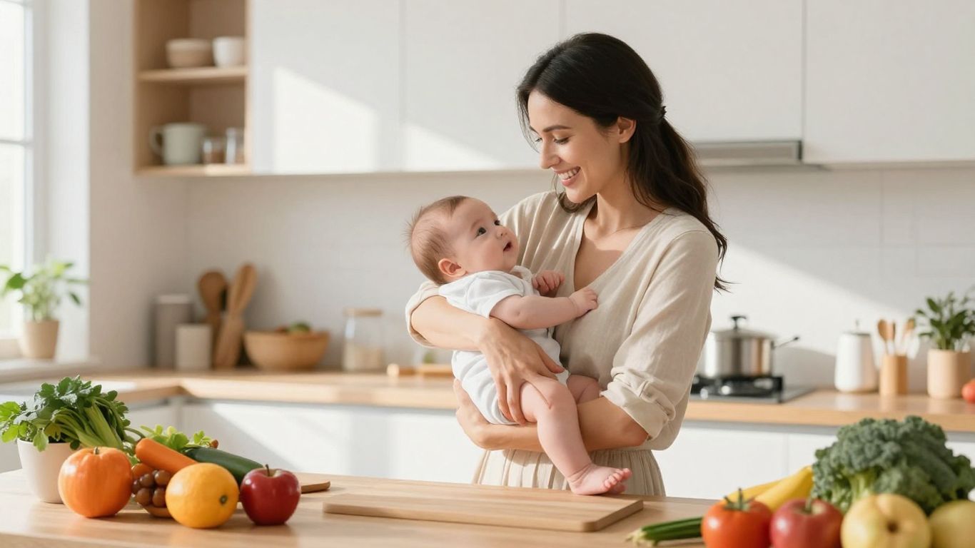 Mother and baby in kitchen with healthy food.