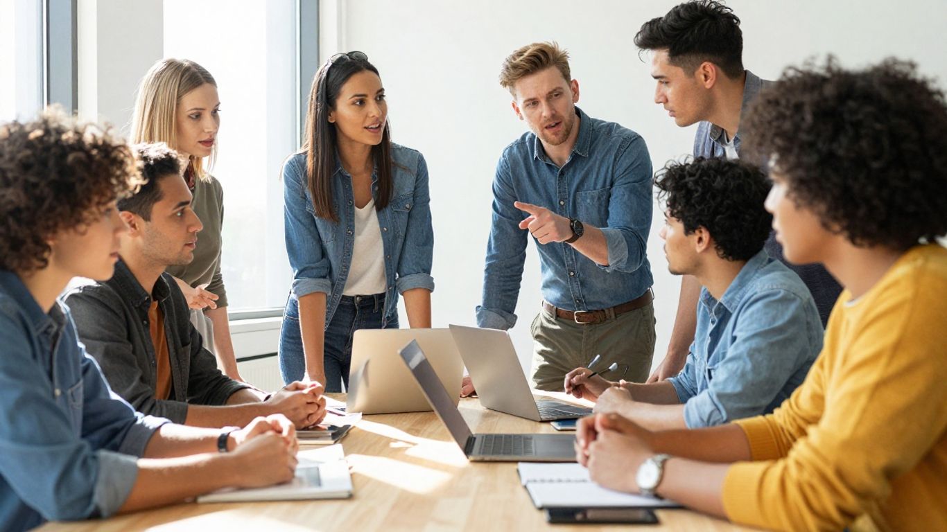 Marketing professionals collaborating in a bright, modern office.