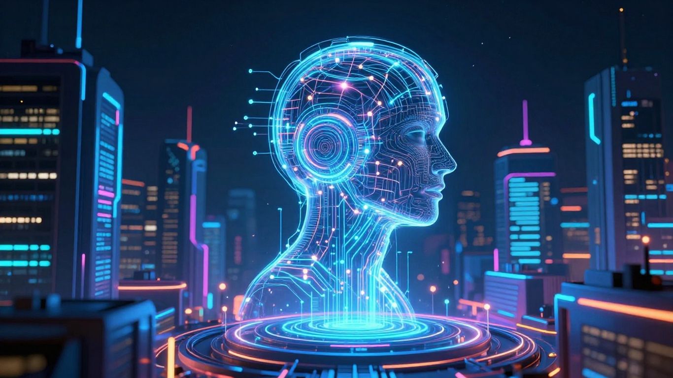 Futuristic cityscape with AI network above.