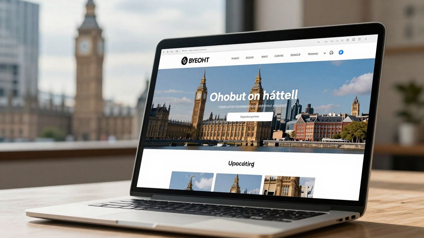 Modern website design on a laptop with UK backdrop.