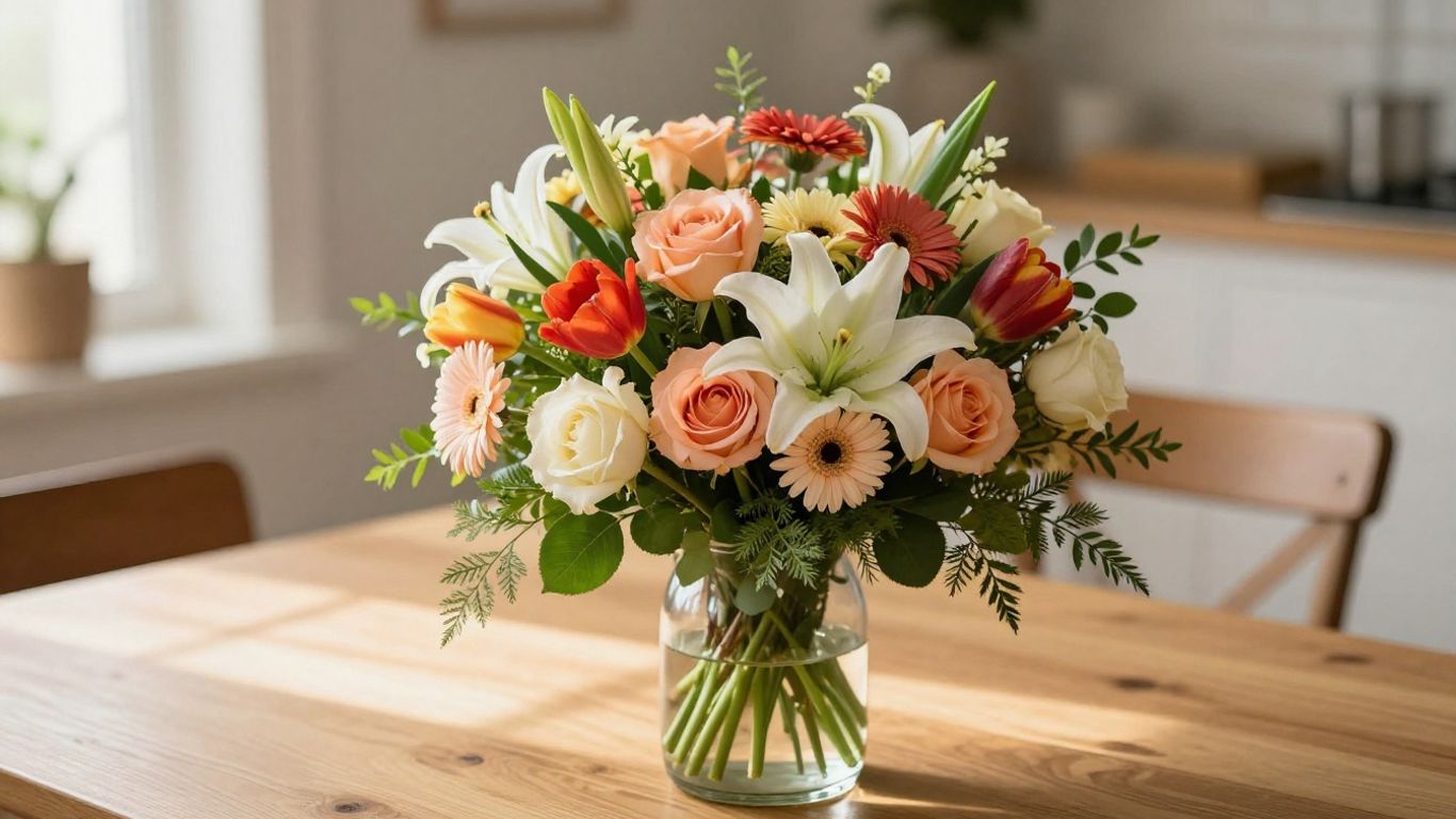 A colorful thank-you bouquet in a bright home