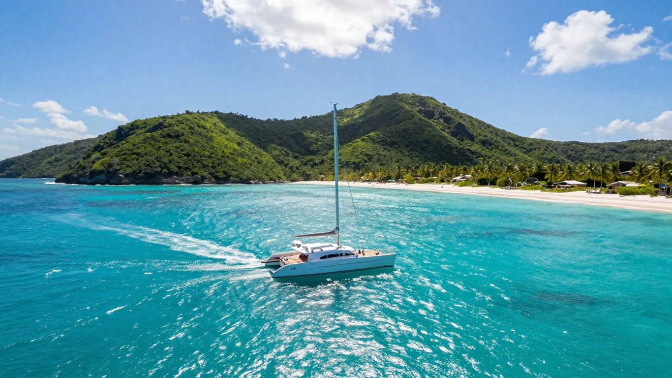 Catamaran sailing in clear Caribbean waters near islands.