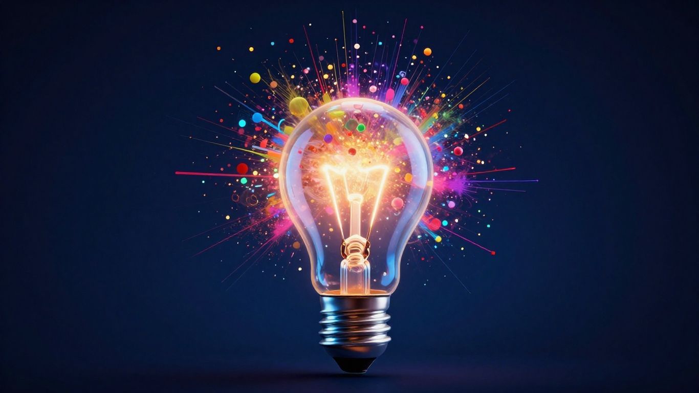 Ideation software. Abstract lightbulb with colorful energy bursts.
