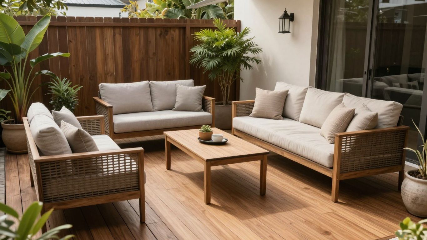Comfortable outdoor seating arranged beside a home