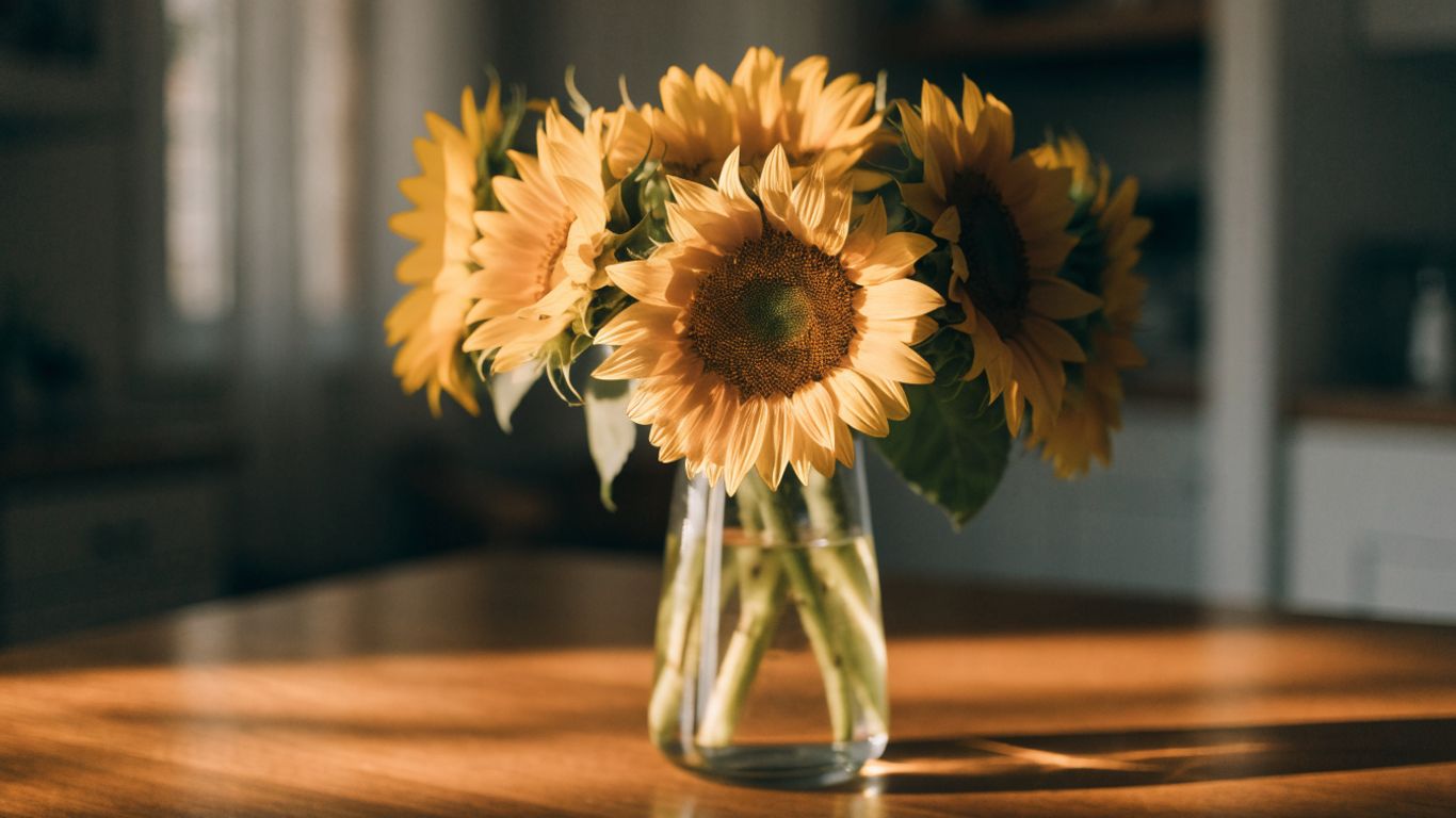 Golden sunflowers gathered in a glass vase on a wooden table