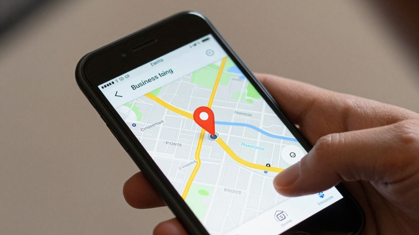 Hand holding phone with business address map