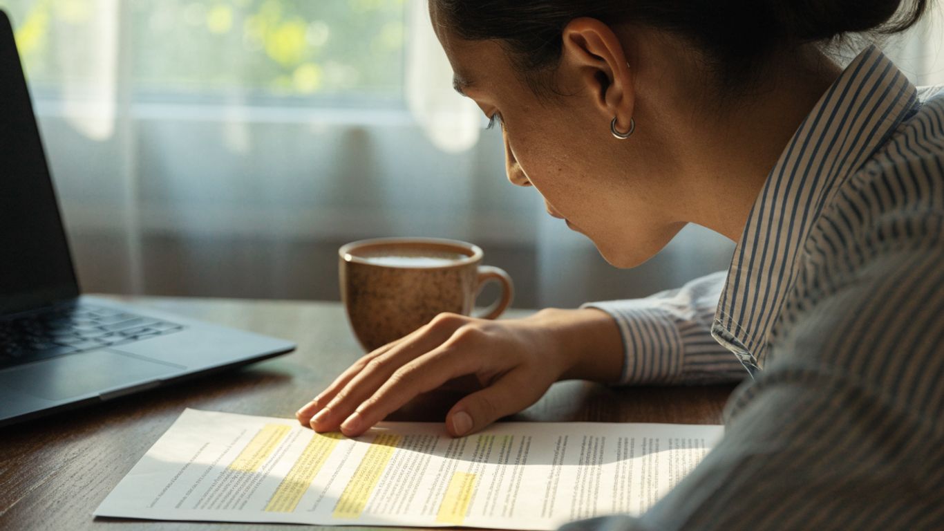 Close-up of a writer reviewing marked text