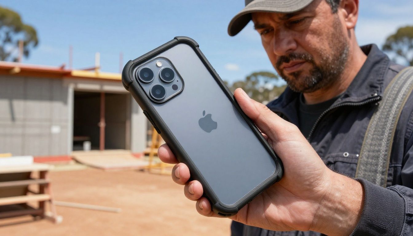 A tradie on a sunny Australian construction site, checking their iPhone 14 Pro Max which is protected by a rugged, dust-proof case.