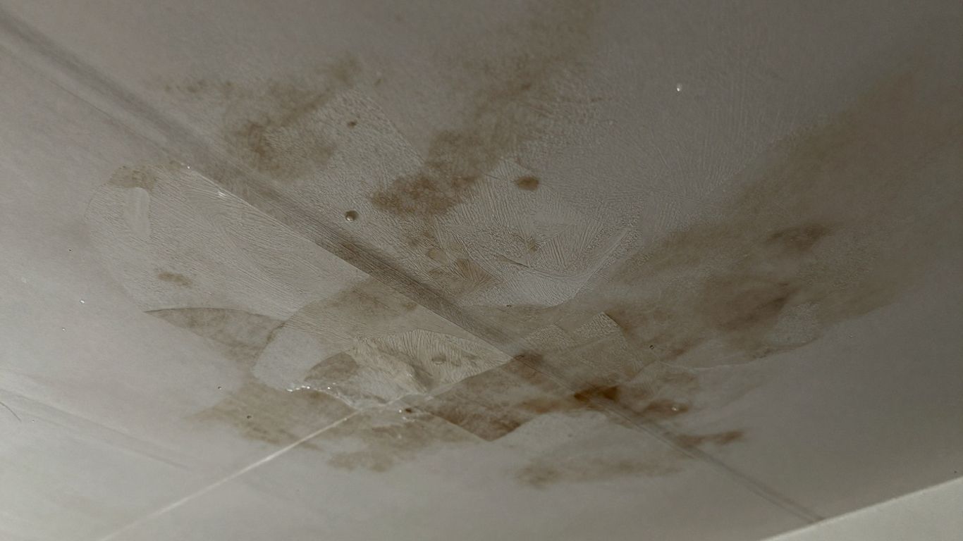 Warped ceiling texture and discolored tiles from water damage.
