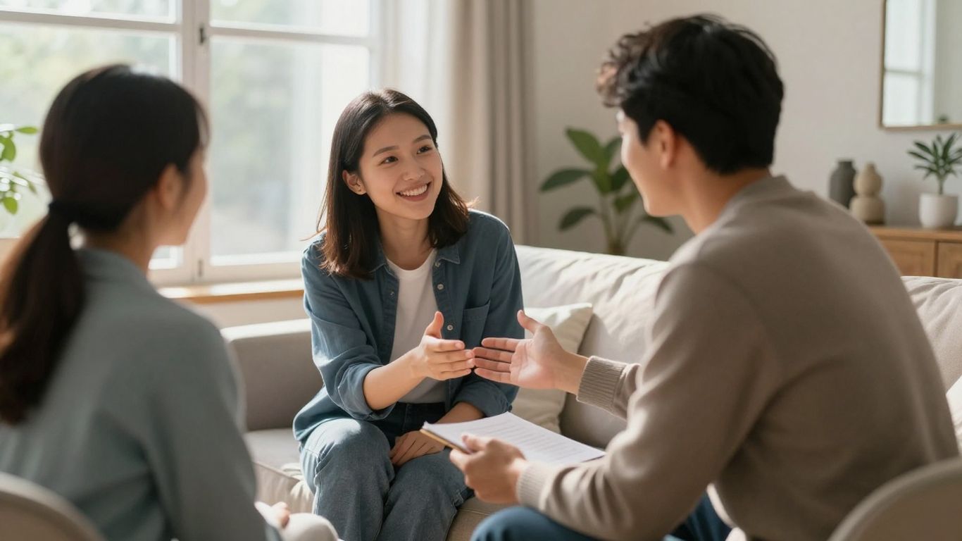 Support coordinator talking with a person at home.
