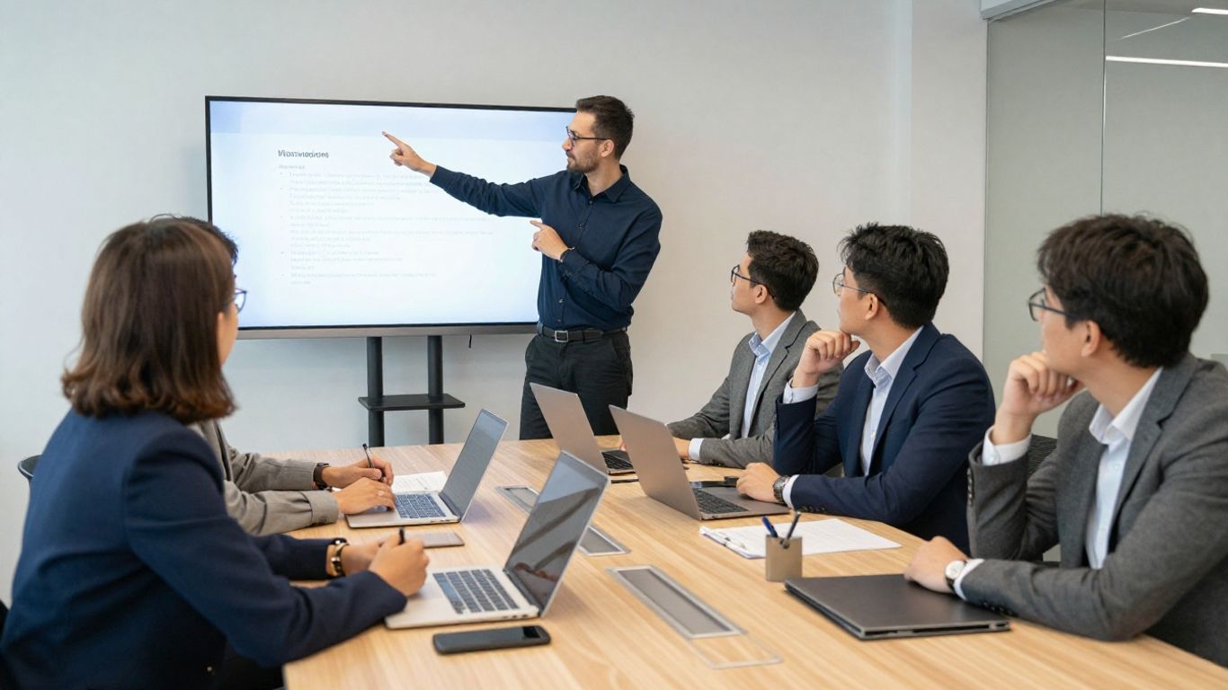 Sales team training session in a modern office.