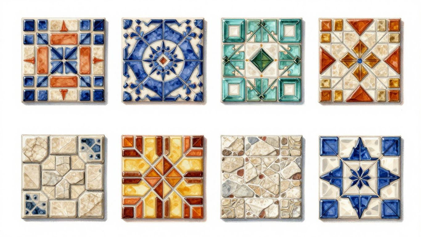 Sketch of diverse specialty tiles for home design.