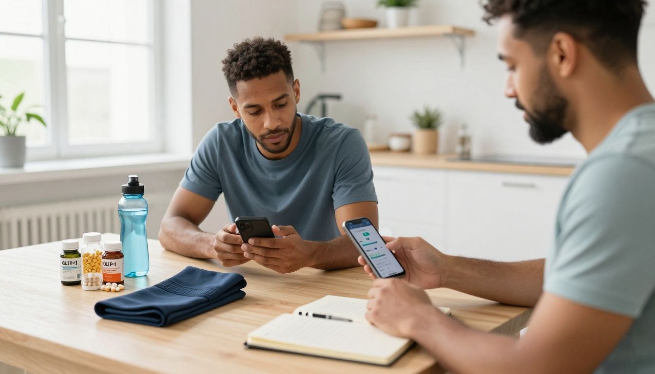 Bright modern health-tech scene showing a diverse adult reviewing GLP-1 progress metrics on a smartphone beside organized supplements, a water bottle, fitness gear, and a wellness journal in a clean contemporary setting