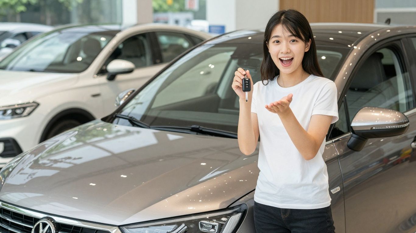 Junge Person mit Autoschlüsseln vor neuem Auto
