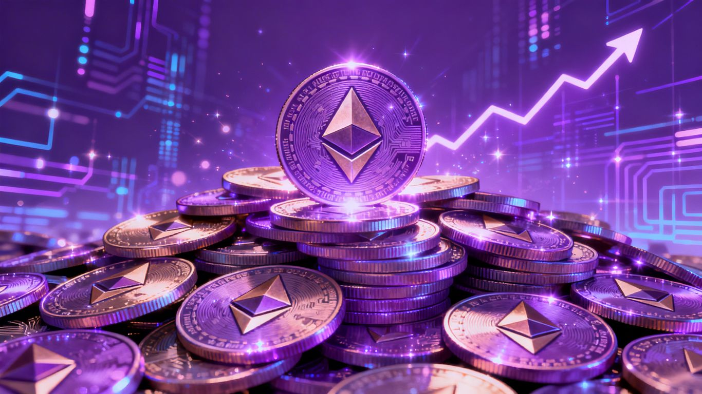 Ethereum cryptocurrency stacked high, digital patterns, financial growth.